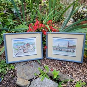 Pair of Vintage San Fran  Framed & Matted Artwork Golden Gate Bridge & Cable Car